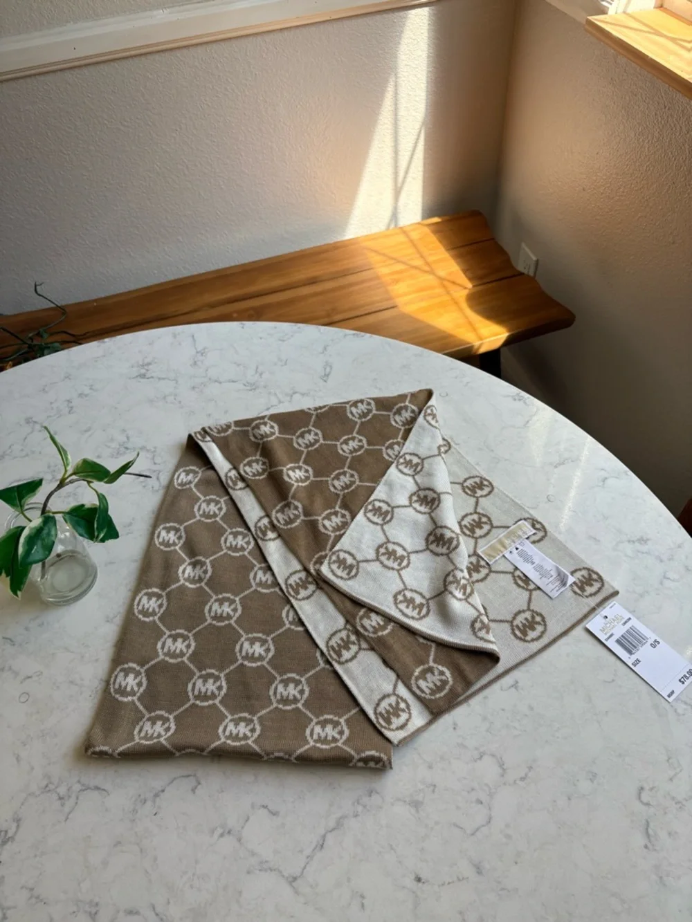 Michael Kors Tan & Cream MK Logo Knit Scarf